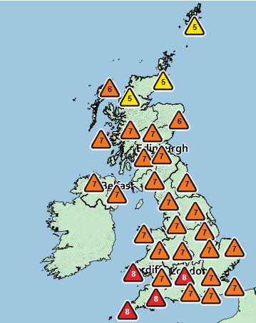  The Met Office has warned of high UV levels for this week as illustrated in this map for Thursday, June 26