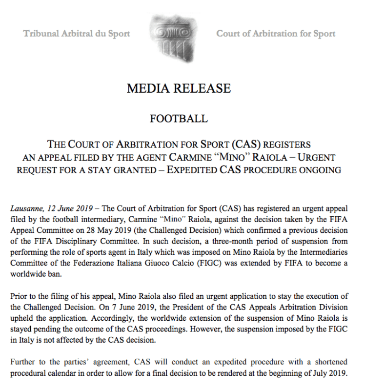  The CAS statement statement confirming Raiola's appeal