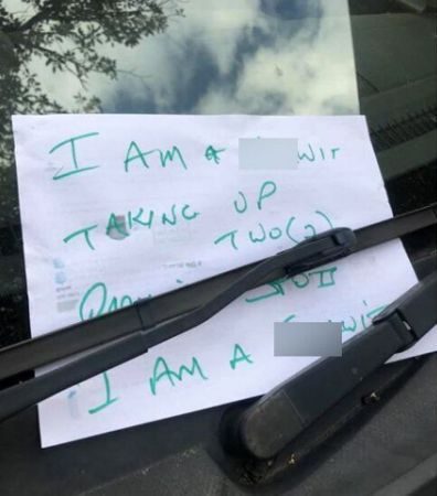  The abusive note was left under the driver's windscreen