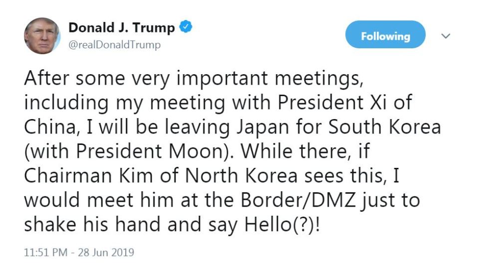  The US President took to Twitter yesterday to ask Kim to 'say hello' and 'shake hands' at the border