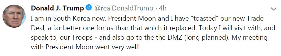  Trump tweeted that he and Moon had 'toasted' to their new trade deal