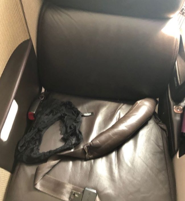  The dirty pants were found on her seat during the flight