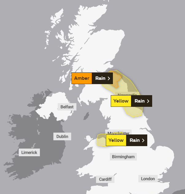 An amber warning is in place for the north east until 3pm tomorrow for heavy rain and flooding