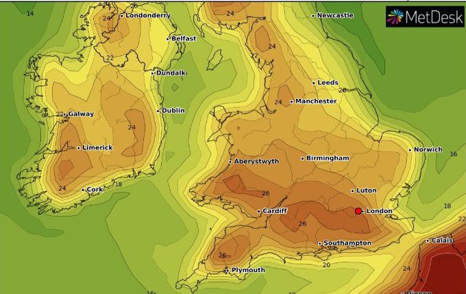  This WX Charts heat map illustrates temperatures will be in the high 20s and reach 30C in some places in the South on Friday, June 28