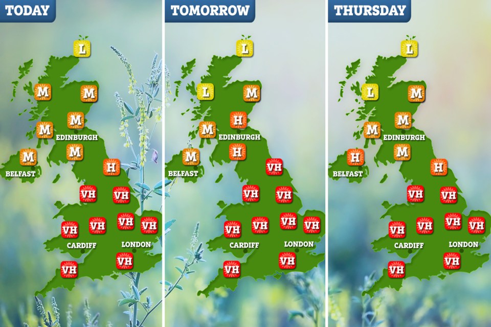  The pollen forecast for the next three days shows levels will be high for most of England, Wales and Scotland this week