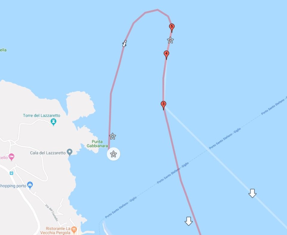 This is the fatal route that the Costa Concordia took