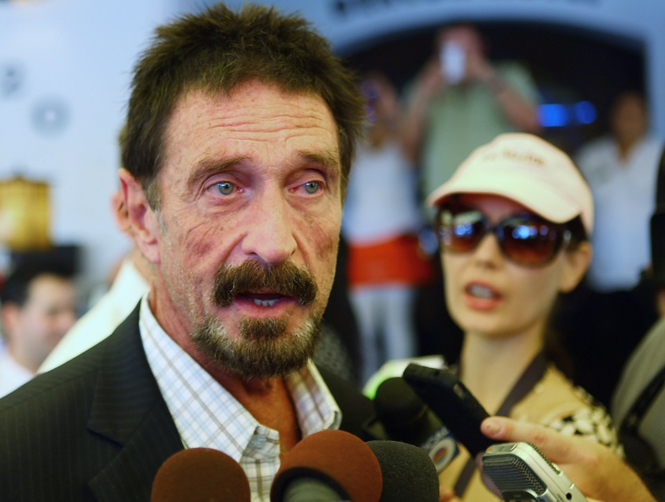 McAfee talks to the media in December 2012 after arriving in Florida, US, from Guatemala