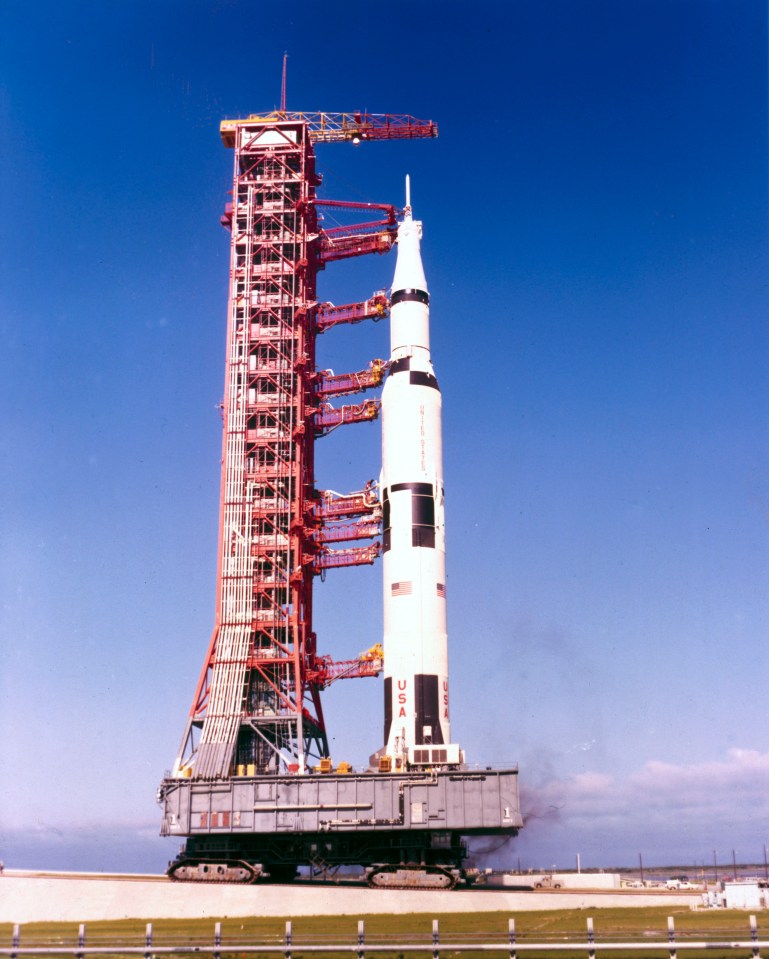  The Apollo 11 launch vehicle is on its mobile launch platform just after roll out from the Vehicle Assembly Building at the Kennedy Space Centre, Cape Canaveral, Florida, on its way to Launch Complex 39A