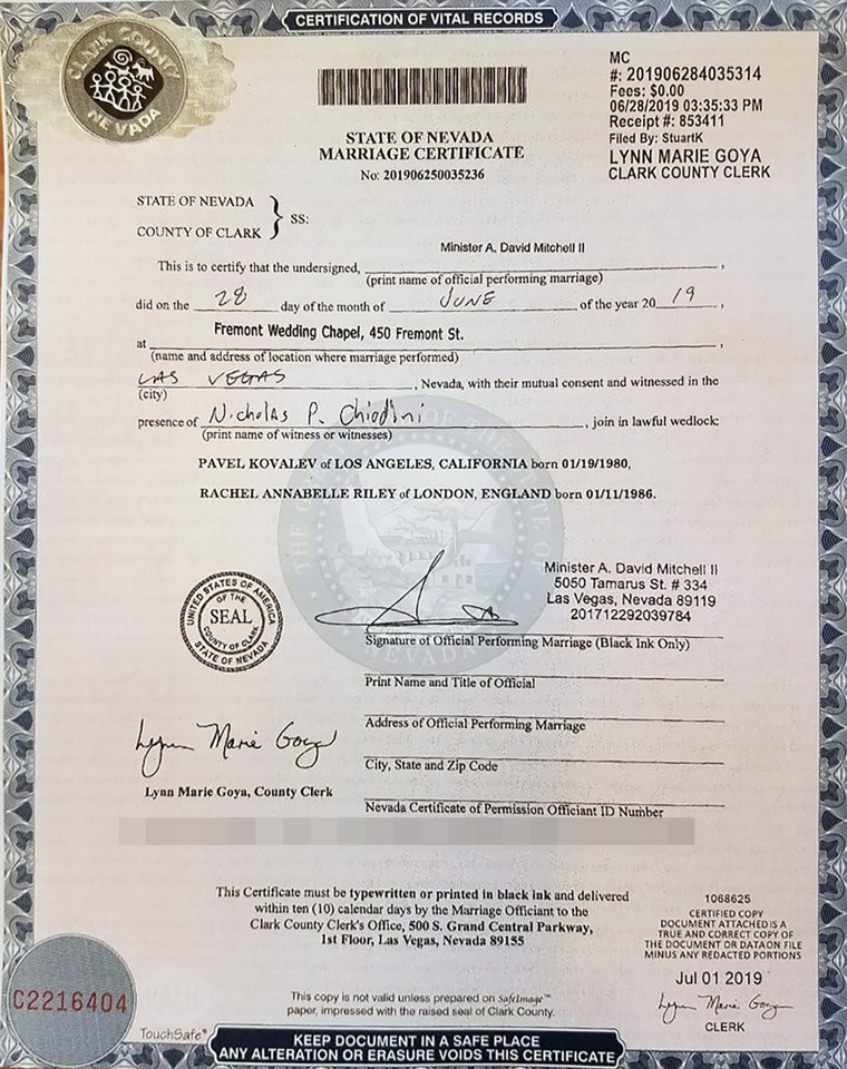  Marriage certificate for Rachel Annabelle Riley and Pavel Kovalev