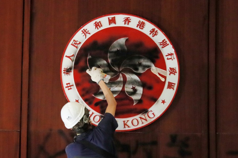  A protester defaces the Hong Kong emblem inside the parliament building