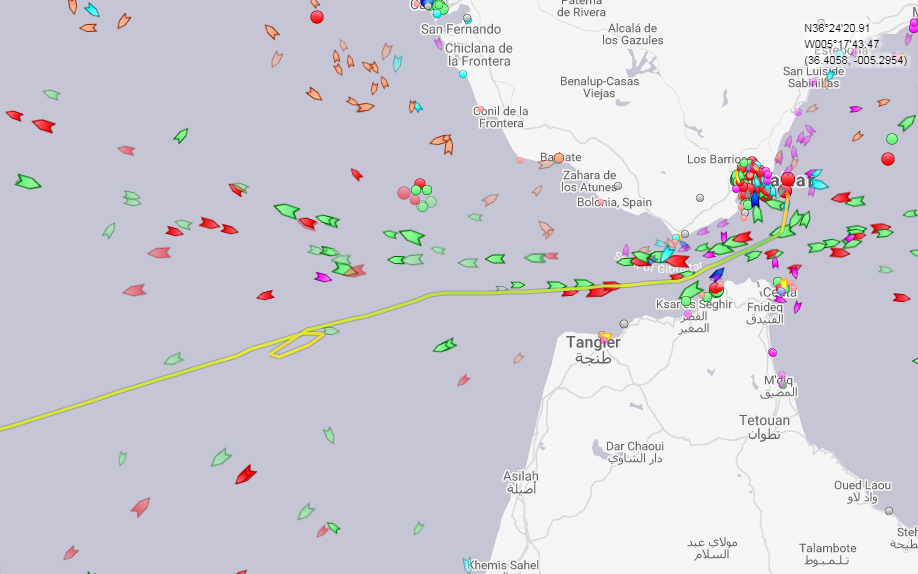  The supertanker - tracked in yellow - was stopped as it transited past the Rock