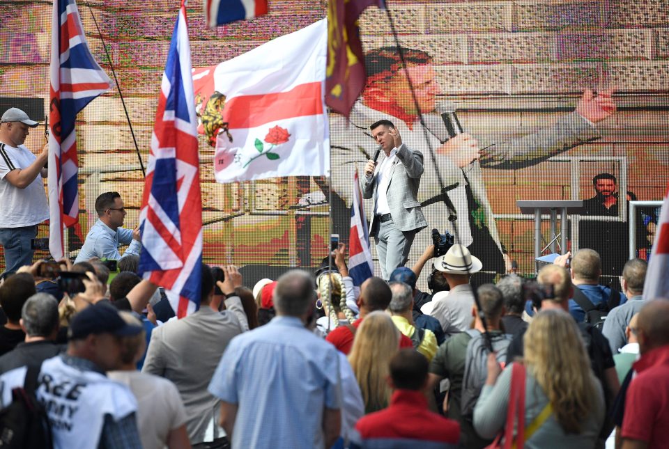  The former EDL leader spoke to the crowds who gathered outside the Old Bailey this morning