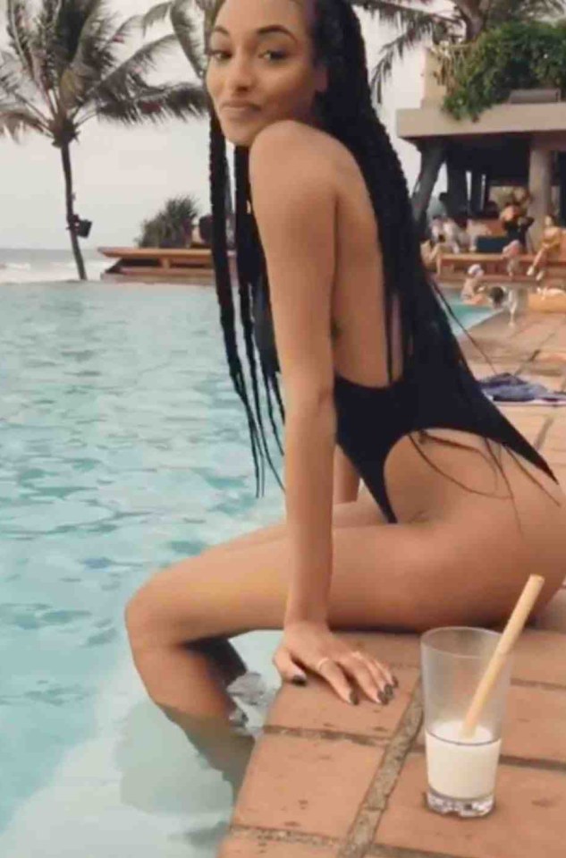 Leigh-Anne Pinnock goes for the shelfie belfie pose by the pool