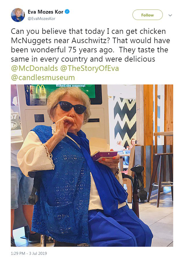  Eva's last tweet, expressing her delight at buying Chicken McNuggets on a visit to Auschwitz