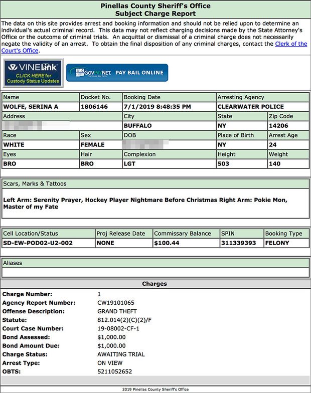 A police report shows that Wolfe was processed through Pinelias County Jail around 8.30pm