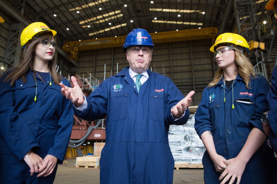  Boris Johnson with BAE Systems apprentices on Friday - he praised their high-wage labour and promised to provide more funding for apprenticeships if he becomes Prime Minister