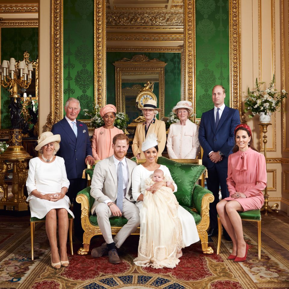 Prince Harry and Meghan Markle pose with little Archie and their family including Prince Charles and Camilla, Doria Ragland, Lady Jane Fellowes, Lady Sarah McCorquodale, Prince William and Kate Middleton