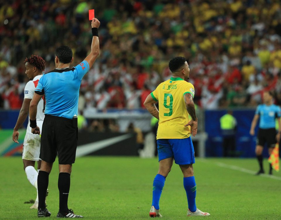  Referee Roberto Tobar - who also awarded two penalties in the match - showed no hesitation in showing Jesus a red card