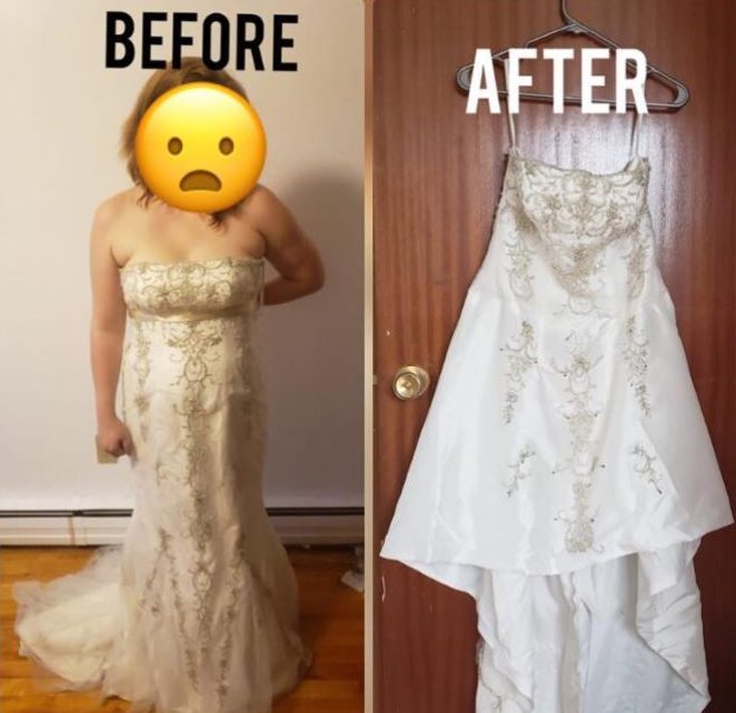  The bride-to-be decided to turn her floor-length gown into a knee-length style