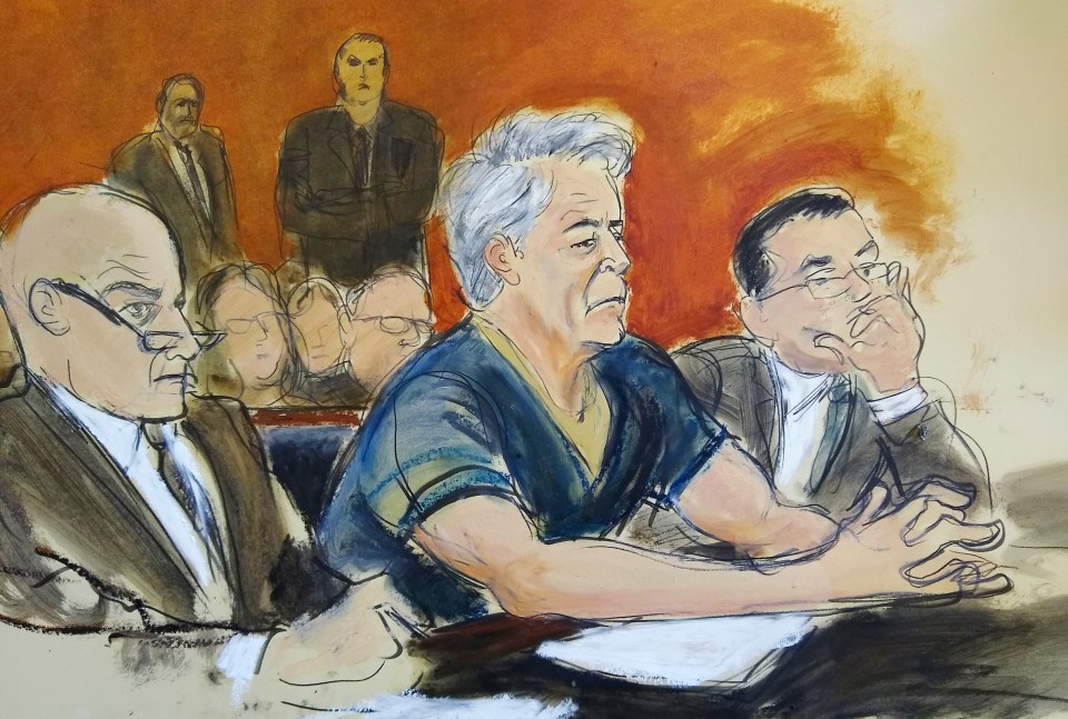 In this courtroom artist’s sketch, Jeffrey Epstein, centre, sits with attorneys Martin Weinberg, left, and Marc Fernich during his arraignment in New York federal court yesterday