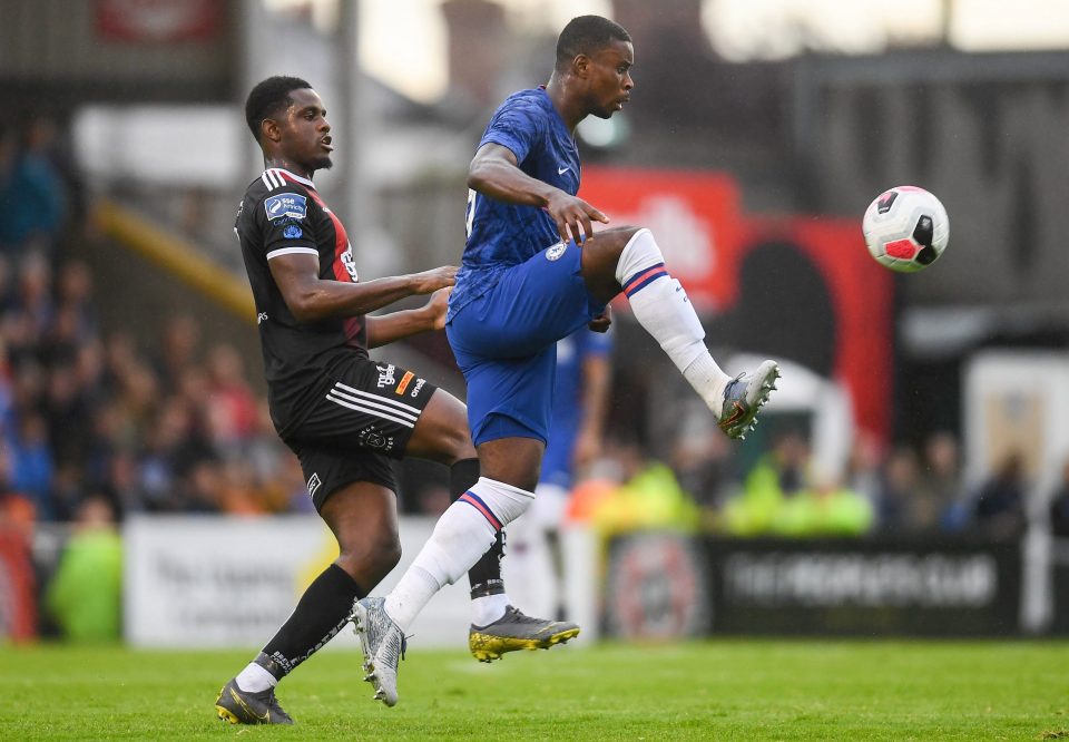  Teenage Chelsea defender Marc Guehi fends off Bohemians triallist Andre Wright