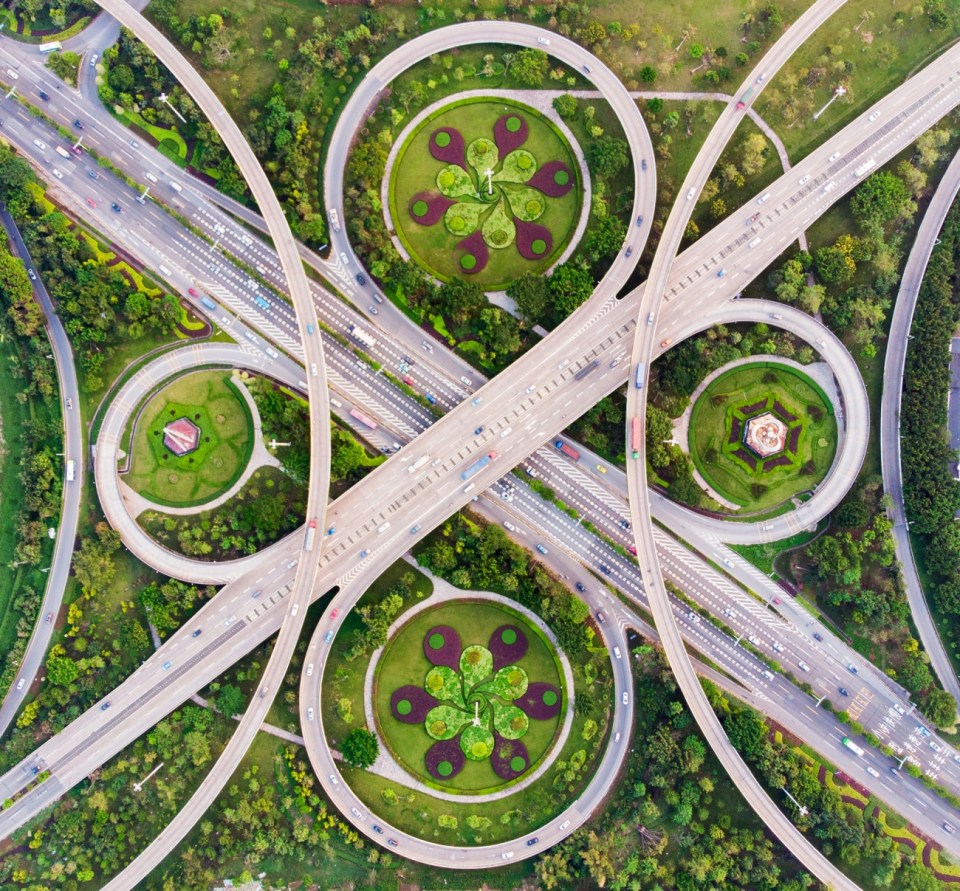  An aerial view of an overpass in Foshan City, China