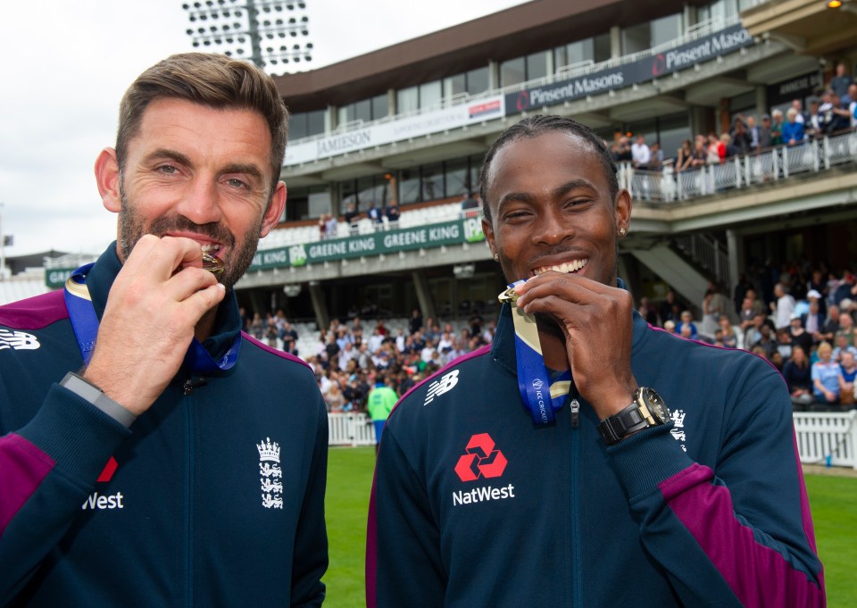  Bowlers Liam Plunkett and Jofra Archer posed with their medals today