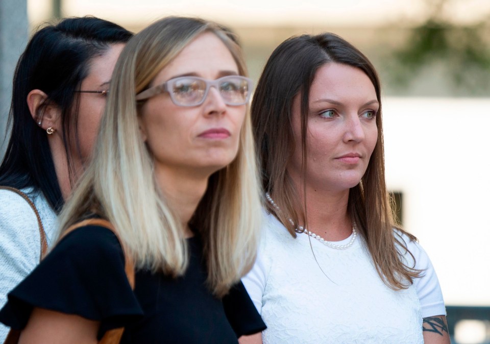 Alleged victims Annie Farmer, left, and Courtney Wild, right, leave the courthouse after of a bail hearing in Jeffrey Epstein’s sex trafficking case today