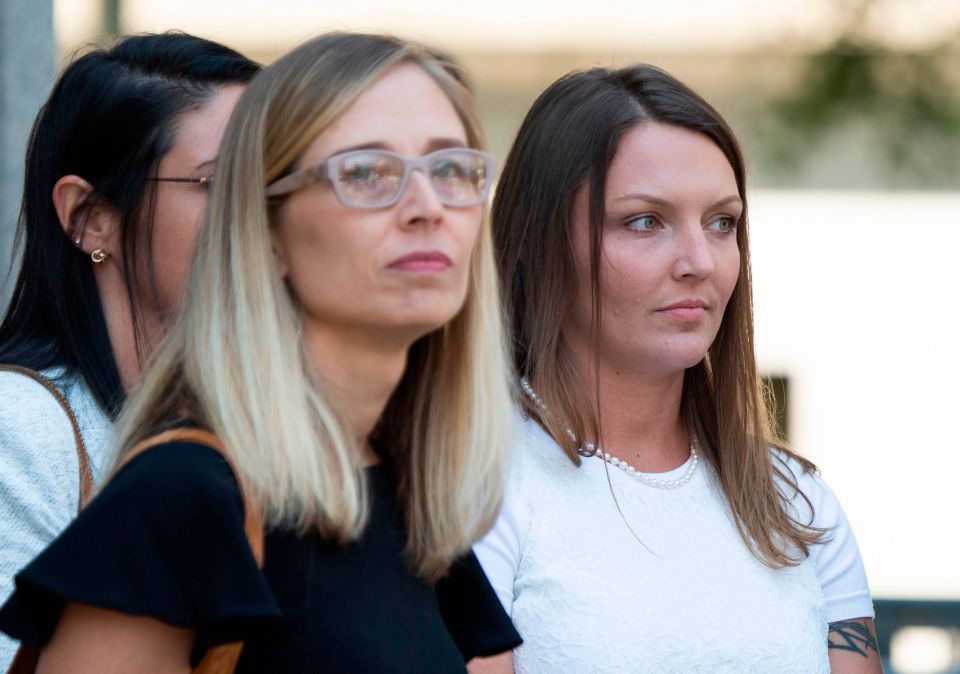  Alleged victims Annie Farmer, left, and Courtney Wild, right, leave the courthouse after of a bail hearing in Jeffrey Epstein's sex trafficking case today