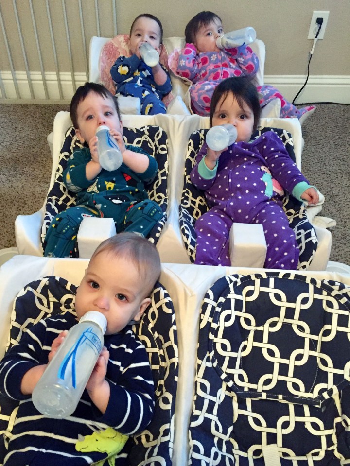  The parents also came up with a bottle feeding hack to cut down the time to feed all five children