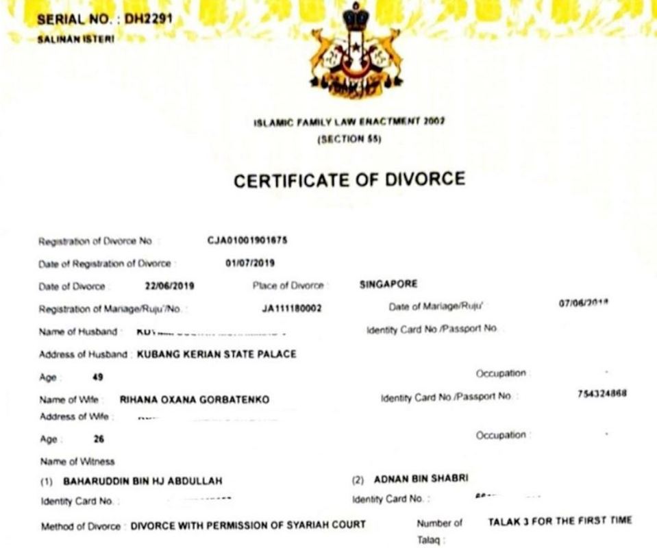  A divorce certificate from Singapore has emerged online and has been confirmed to be genuine