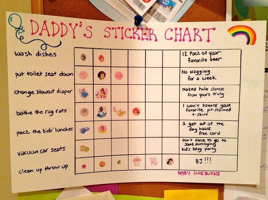  The sticker chart includes seven different tasks the husband can perform to earn rewards