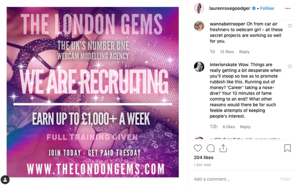  Lauren's post endorsing the 'UK's number one webcam modelling agency'