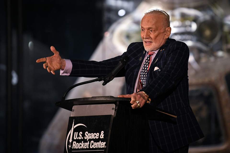  Former NASA astronaut Buzz Aldrin delivers a speech during an Apollo 11 anniversary celebration dinner in July 2019