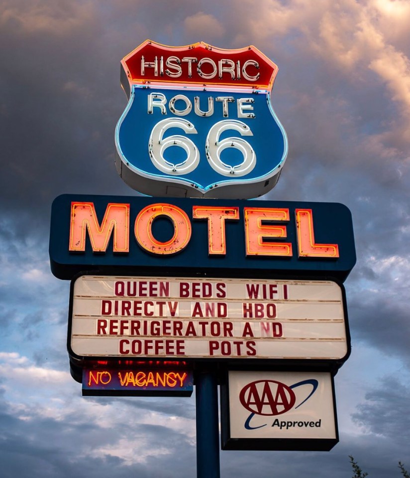 This sign against a cloudy sky was captured in the USA’s Route 66, AKA the Mother Road