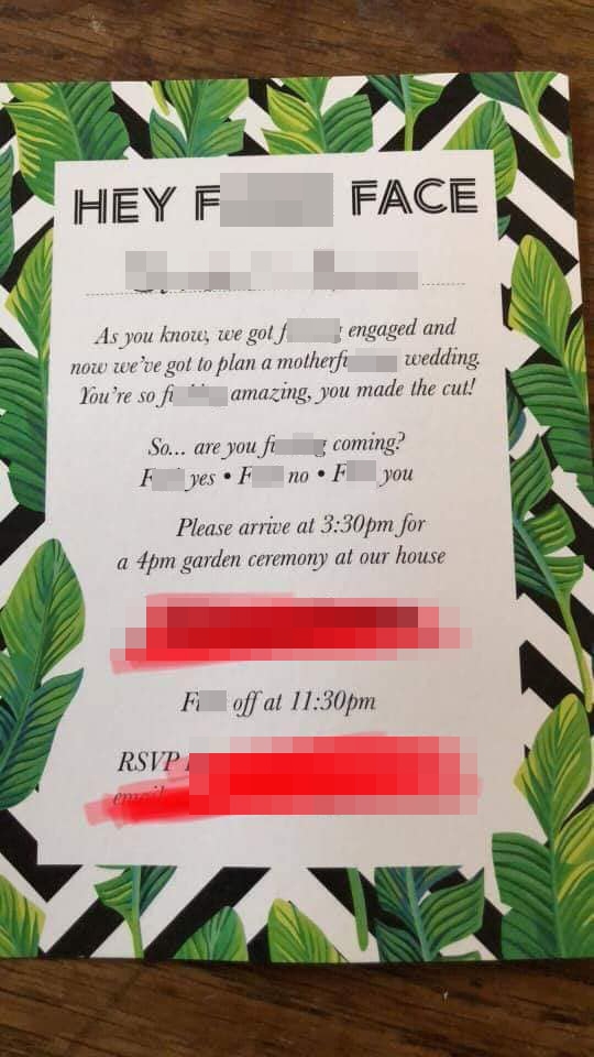  An expletive-ridden wedding invitation has shocked members of a Facebook group