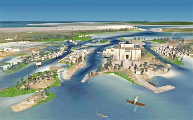  Artist's impression of Heracleion. The city was crisscrossed with canals that allowed boats to collect goods on their way to and from the Nile