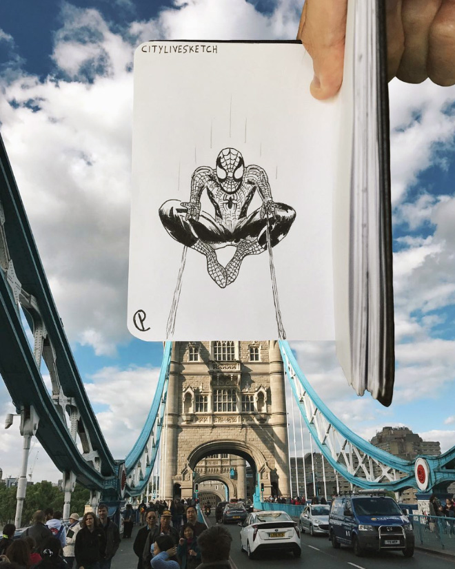  In spider the traffic, this superhero still manages to weave his way across London’s Tower Bridge