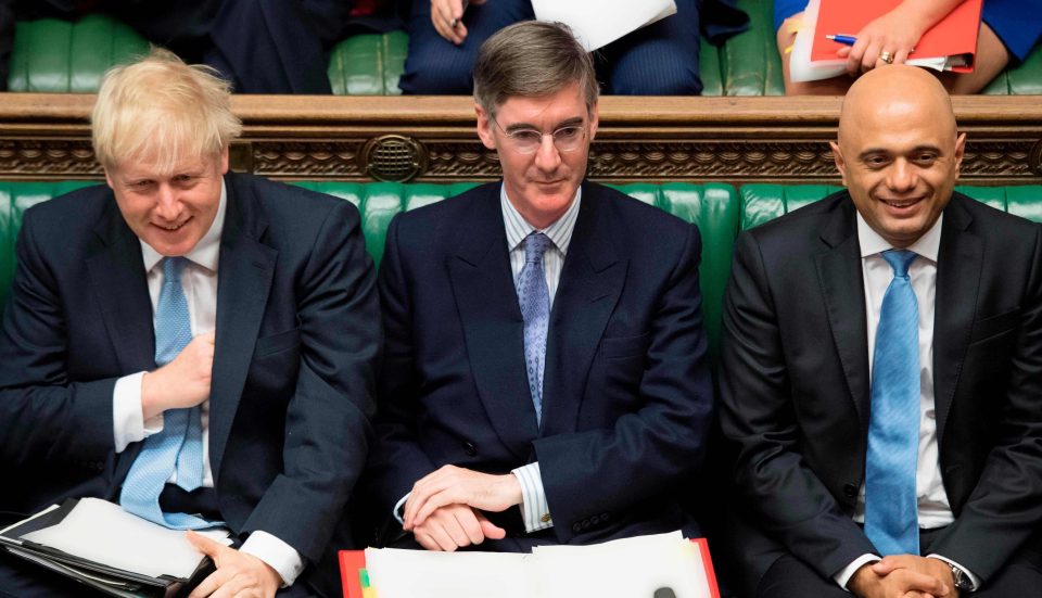  New Commons leader Jacob Rees-Mogg sits between PM Boris Johnson (left) and Chancellor Sajid Javid