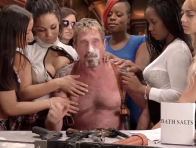 McAfee is seen surrounded by women in a bizarre parody video