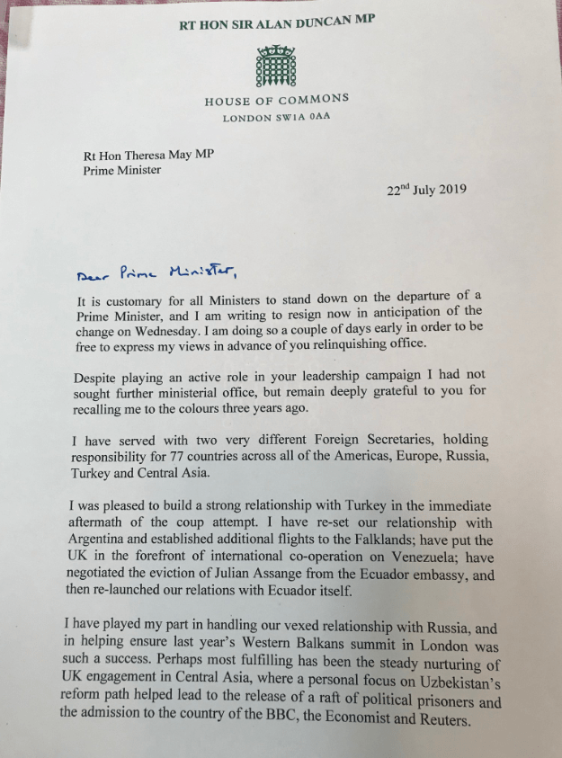  Sir Alan's resignation letter this morning