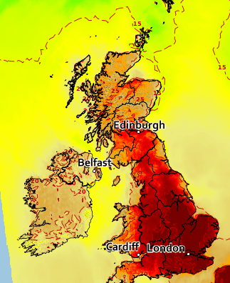  This weather map shows temperatures of at least 38C, shown in dark red, covering much of England and Wales