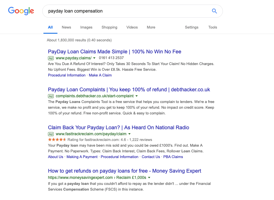  Claims companies, such as Payday.claims and Fasttrackreclaim are paying to appear at the top of Google searches on payday loan reclaiming