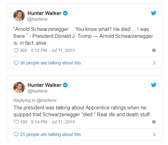  White House correspondent Hunter Walker tweeted about Trump's comments yesterday