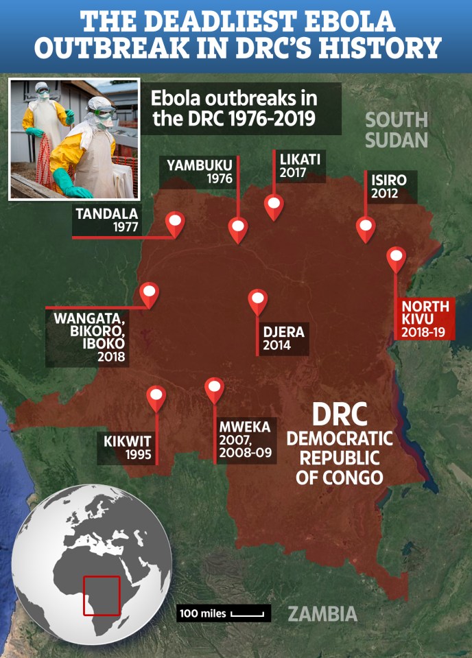  A map of the Ebola outbreaks in Congo - with the latest epidemic highlighted in red