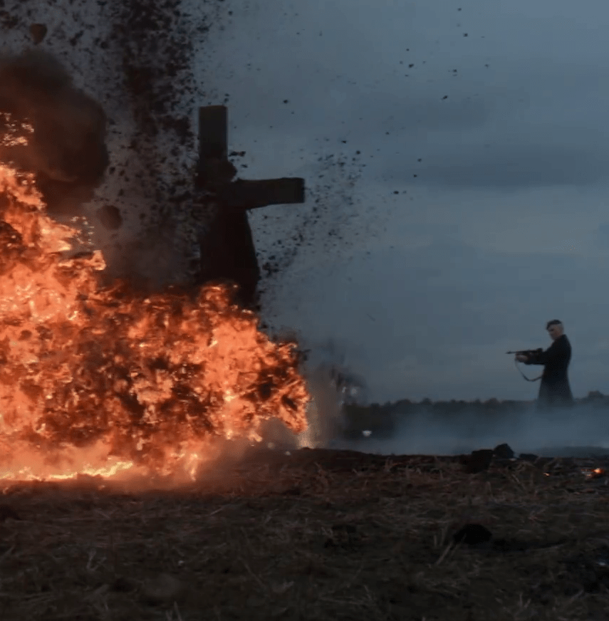  Tommy Shelby seen shooting at a man on a crucifix in explosive scenes