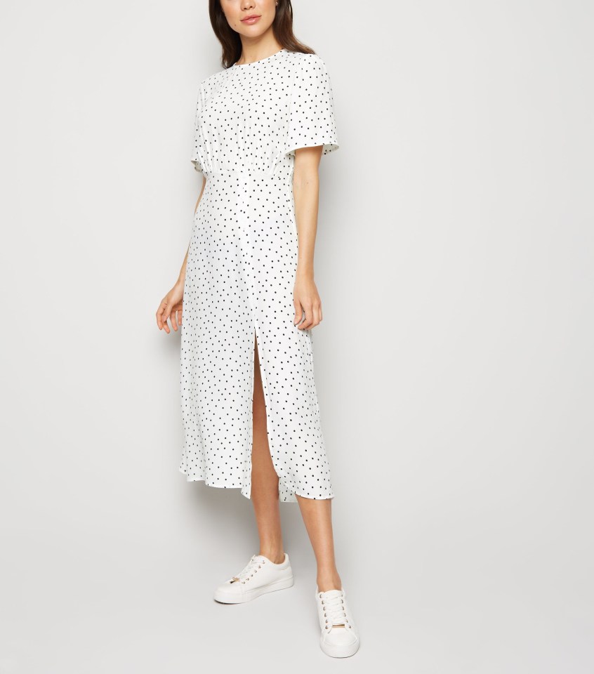 White Spot Split Hem Midi Dress