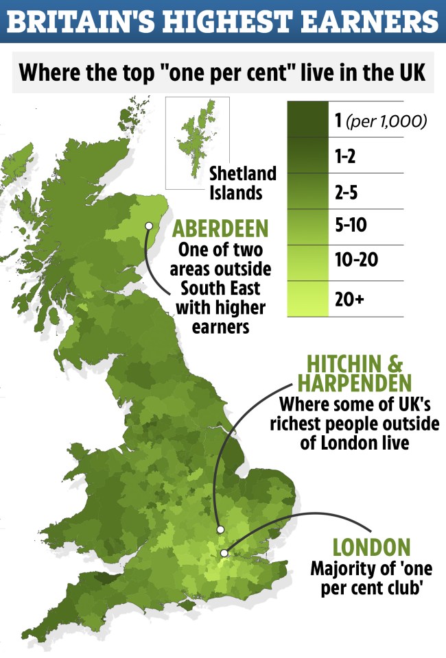  The map reveals where Britain's richest people live, with the number of high earners per 1,000 people