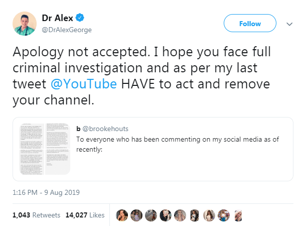  The YouTuber was slammed by a host of celebrities including Love Island's Doctor Alex