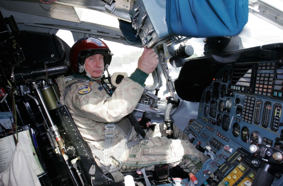 Vladimir Putin, Russia’s President, sitting in the cockpit of a Tupolev Tu-160 strategic bomber jet at a military airport, outside Moscow